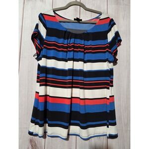 Worthington Womens‎ 2X Blue Red Striped Pleated Scoop Neck Short Sleeve Blouse